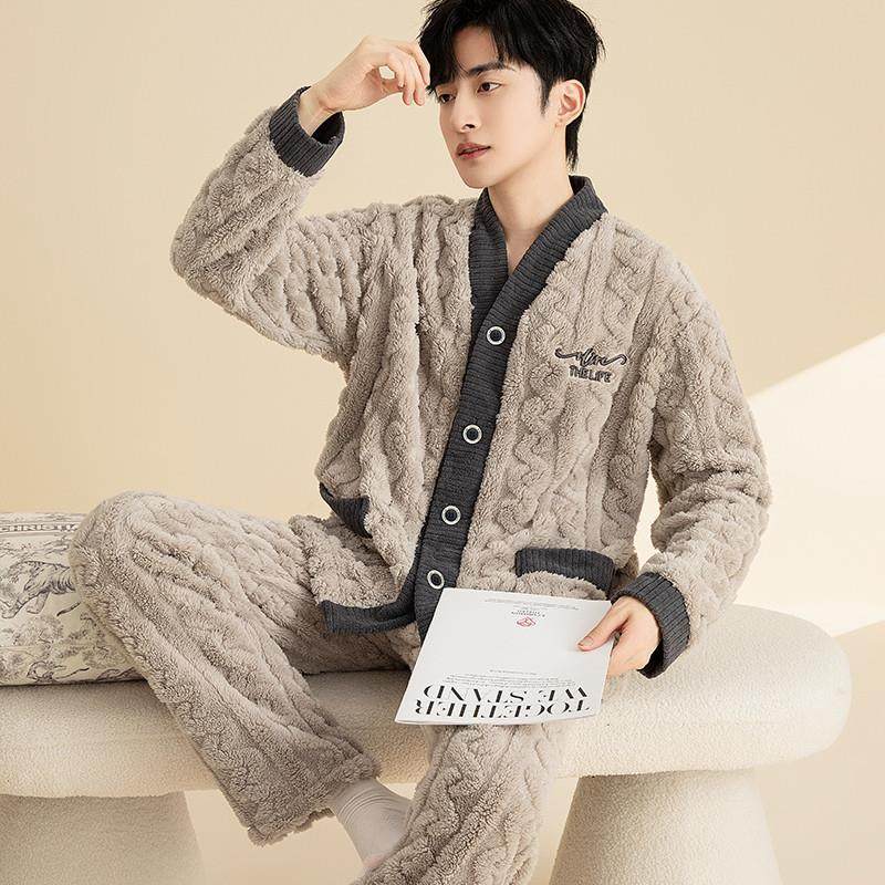 家居服男士睡衣秋款2024新款男秋季冬季高级感珊瑚绒男款加绒加厚