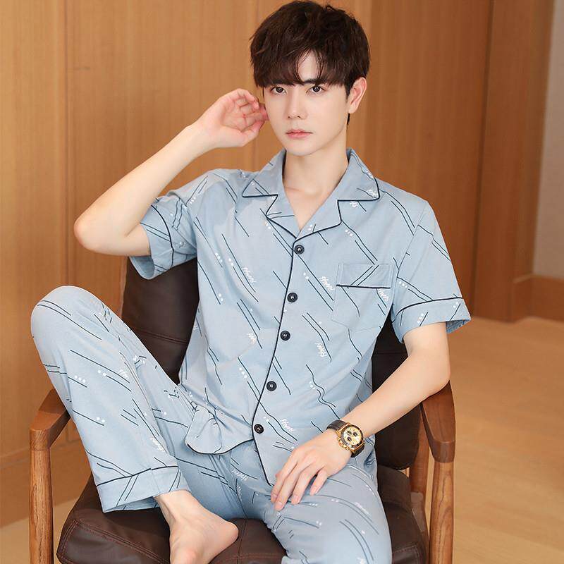 男士睡衣100%纯棉短袖长裤夏季薄款开衫可外穿2025新款家居服套装