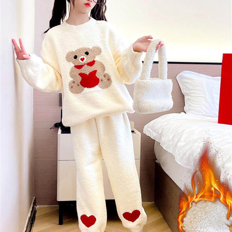 女童半边绒睡衣秋冬季2025新款儿童女孩大童珊瑚绒可爱加厚家居服