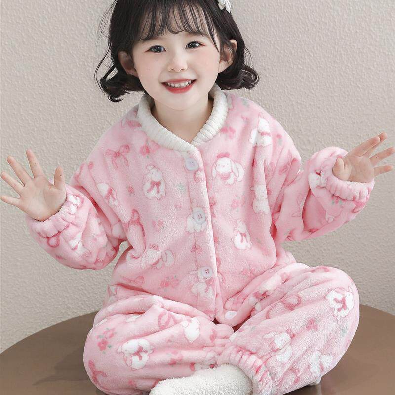 女童法兰绒睡衣秋冬款2025新款女孩双层加厚珊瑚绒保暖家居服套装