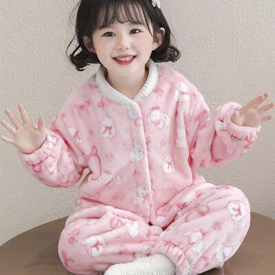 女童法兰绒睡衣秋冬款2025新款女孩双层加厚珊瑚绒保暖家居服套装