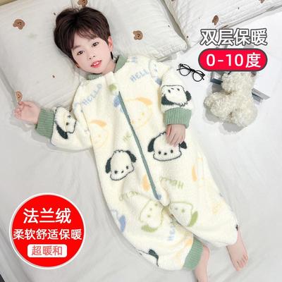 儿童睡衣2024新款秋冬款男童加绒加厚睡袋珊瑚绒宝宝防踢被家居服
