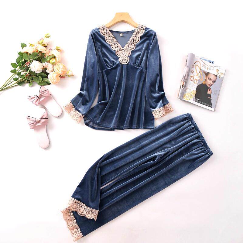 金丝绒睡衣女春秋长袖长裤性感薄款蕾丝两件套装家居服秋冬可外穿