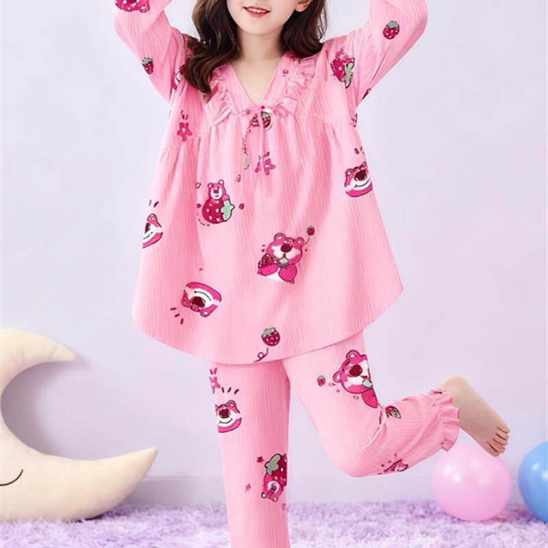 女童套装春秋冰丝公主风薄款儿童中大童女孩睡衣长袖秋冬款家居服