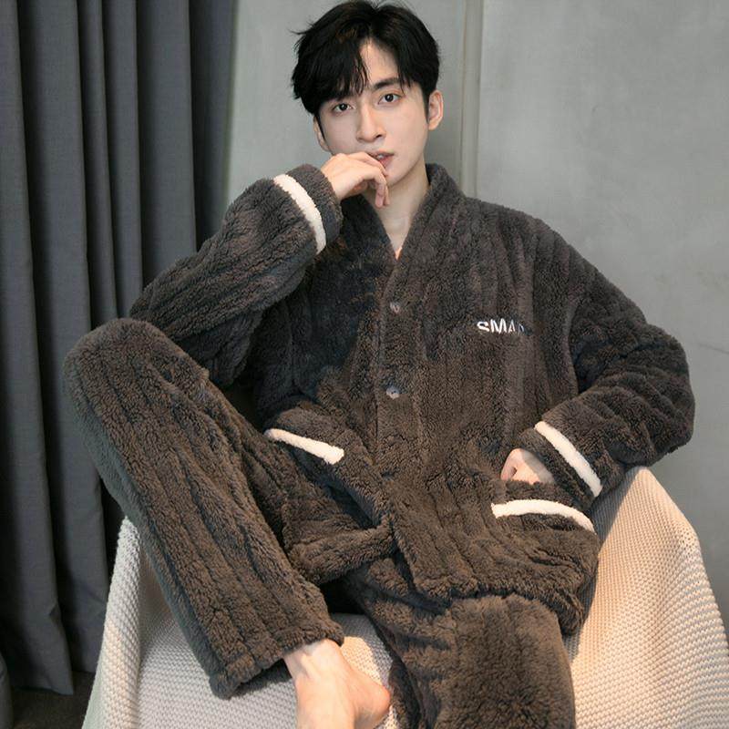 2024新款睡衣男冬季珊瑚绒条纹提花开衫V领法兰绒简约字母家居服