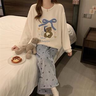 可爱卡通小熊珊瑚绒睡衣女款秋冬季新款加厚加绒可外穿家居服套装