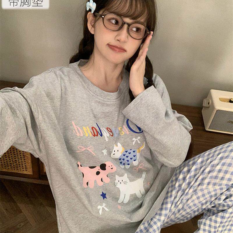 晚眠带胸垫睡衣女款春秋纯棉长袖套头格子2025年新款秋冬季家居服