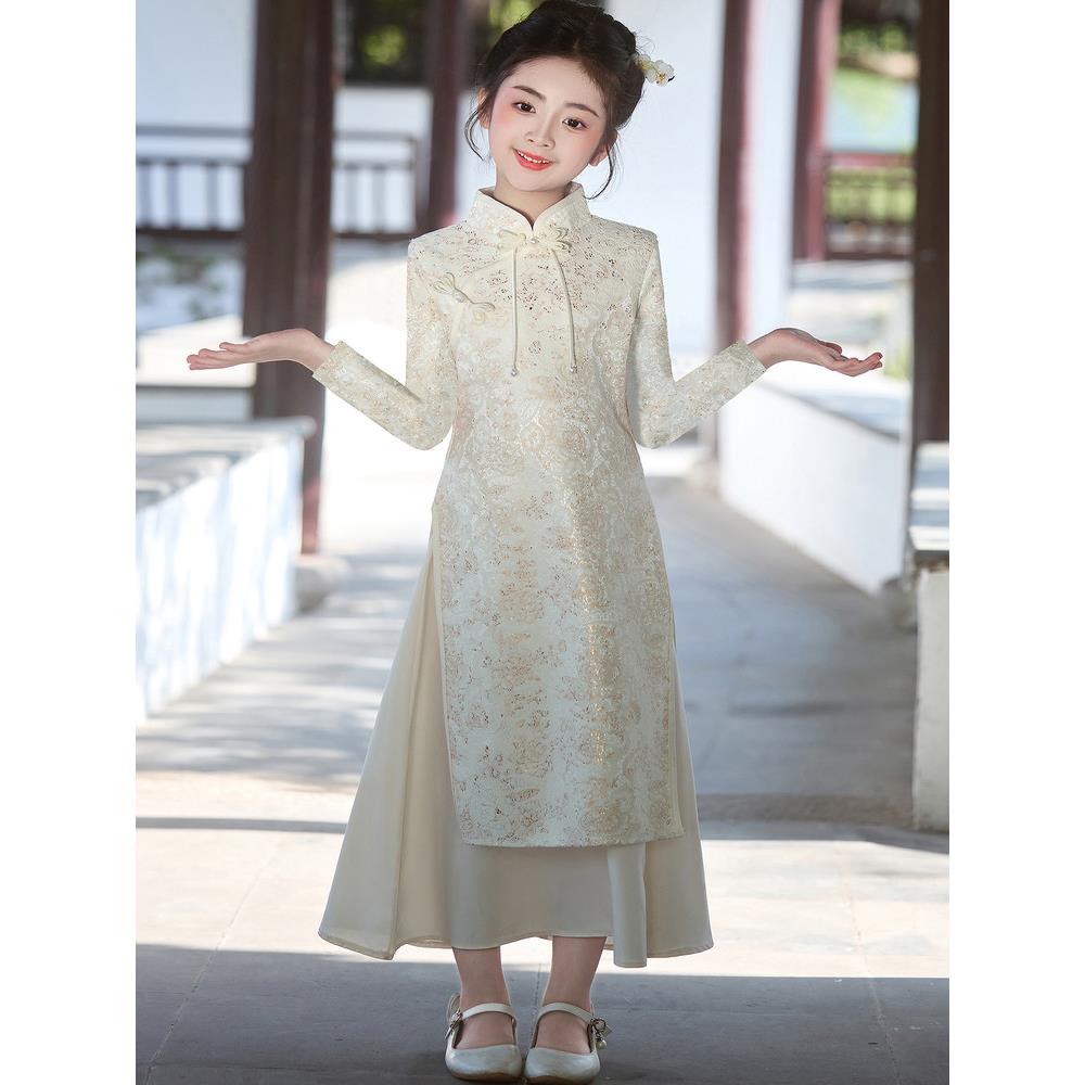 女童古装汉服古风儿童国风长袖新中式唐装旗袍女孩古筝演出服春秋