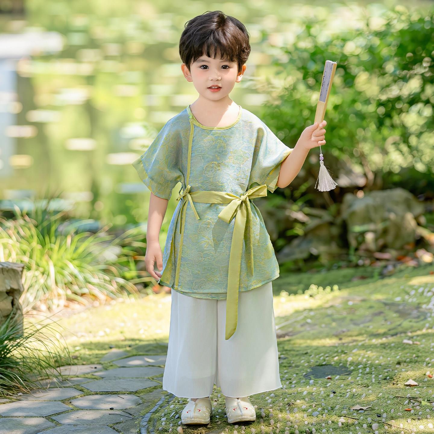 唐制圆领袍儿童汉服男童短袖套装夏季薄款国风小少爷唐装日常可穿