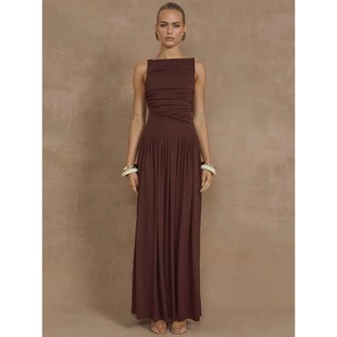 Sexy Neck Dresses New Gown Long oat Ruched Ladies Tank Dress