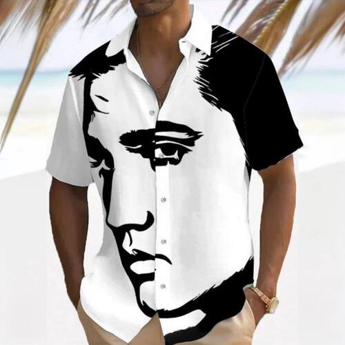 Flip collar printed short sleeved top 翻领印花正肩短袖上衣男