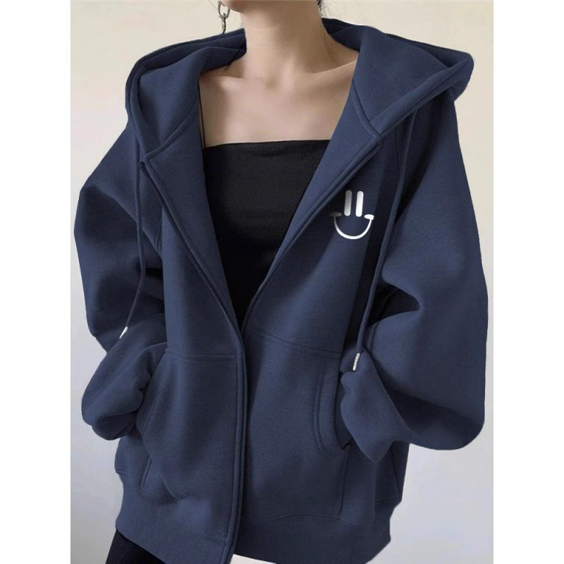 Loose fleece hooded sweatshirt jacke宽松加绒长袖连帽卫衣外套