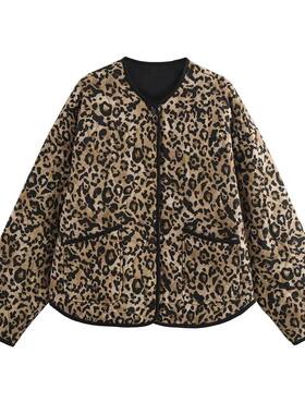 Leopard print round neck cotton jacket豹纹印花圆领棉衣外套女