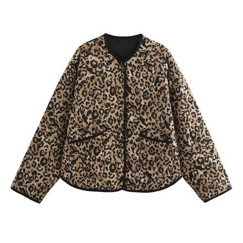 Leopard print round neck cotton jacket豹纹印花圆领棉衣外套女