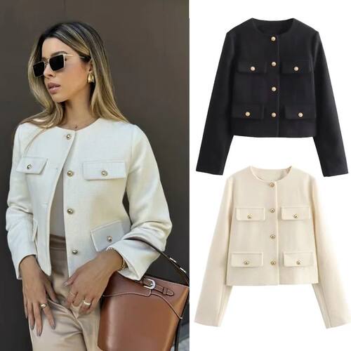 Round neck jacket, long sleeved jacket women圆领夹克长袖外套