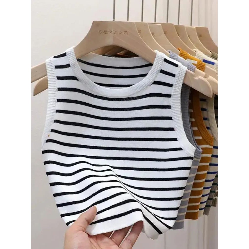 Round neck crop top with exposed navel woman圆领条纹露脐背心