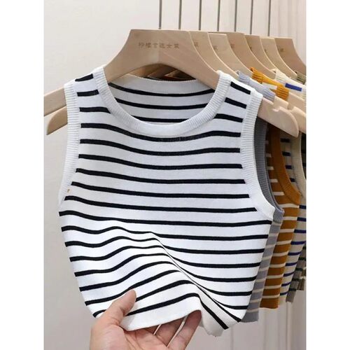 Round neck crop top with exposed navel woman圆领条纹露脐背心