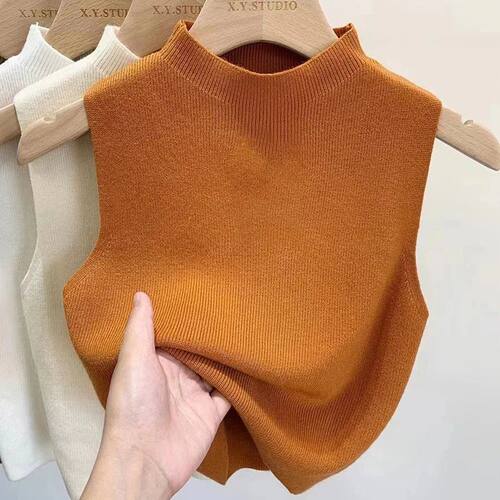 Retro Half High Collar Sleeveless T-shirt复古修身半高领T恤女
