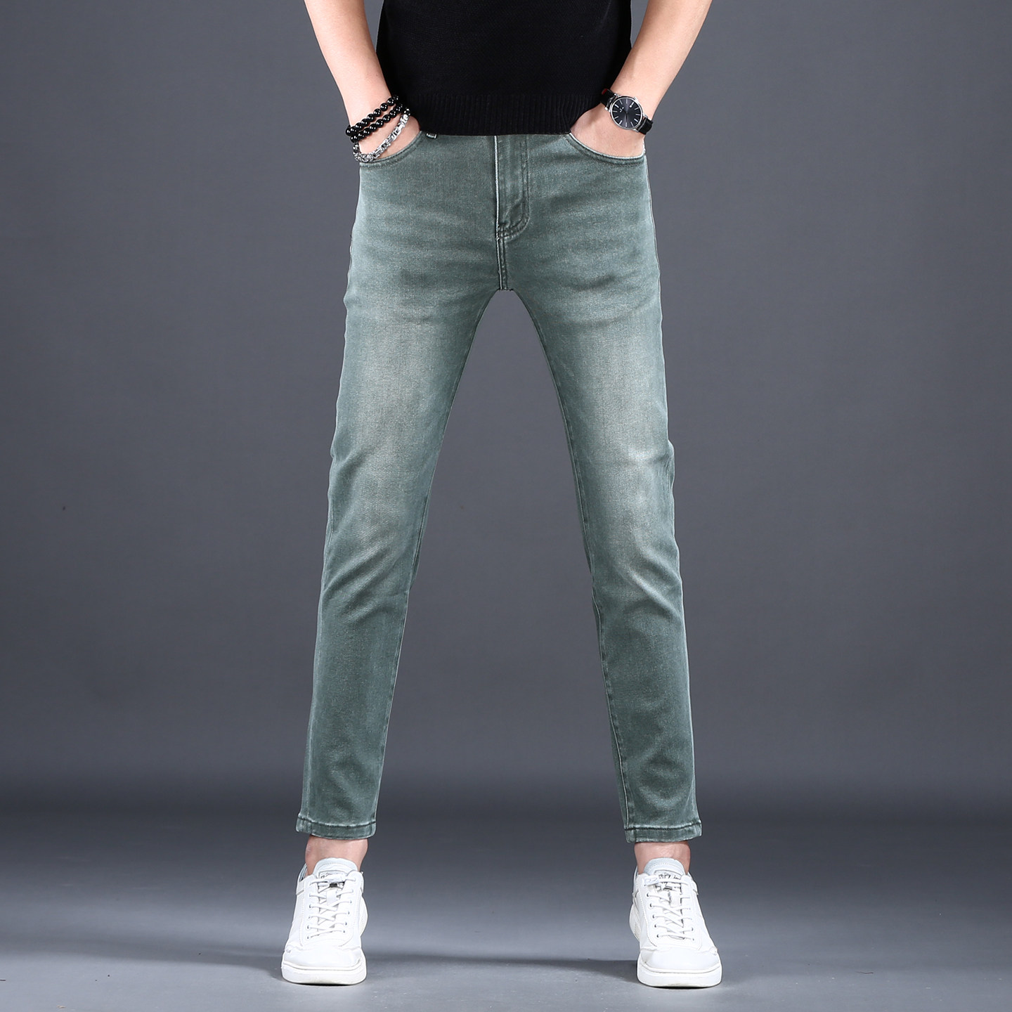 男士军绿色牛仔裤九分裤修身小脚裤弹力时尚个性休闲潮流裤子男款