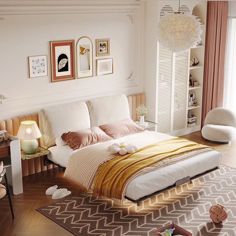 速发象约不锈钢悬简耳朵双人床主卧意式极简款软包大浮床