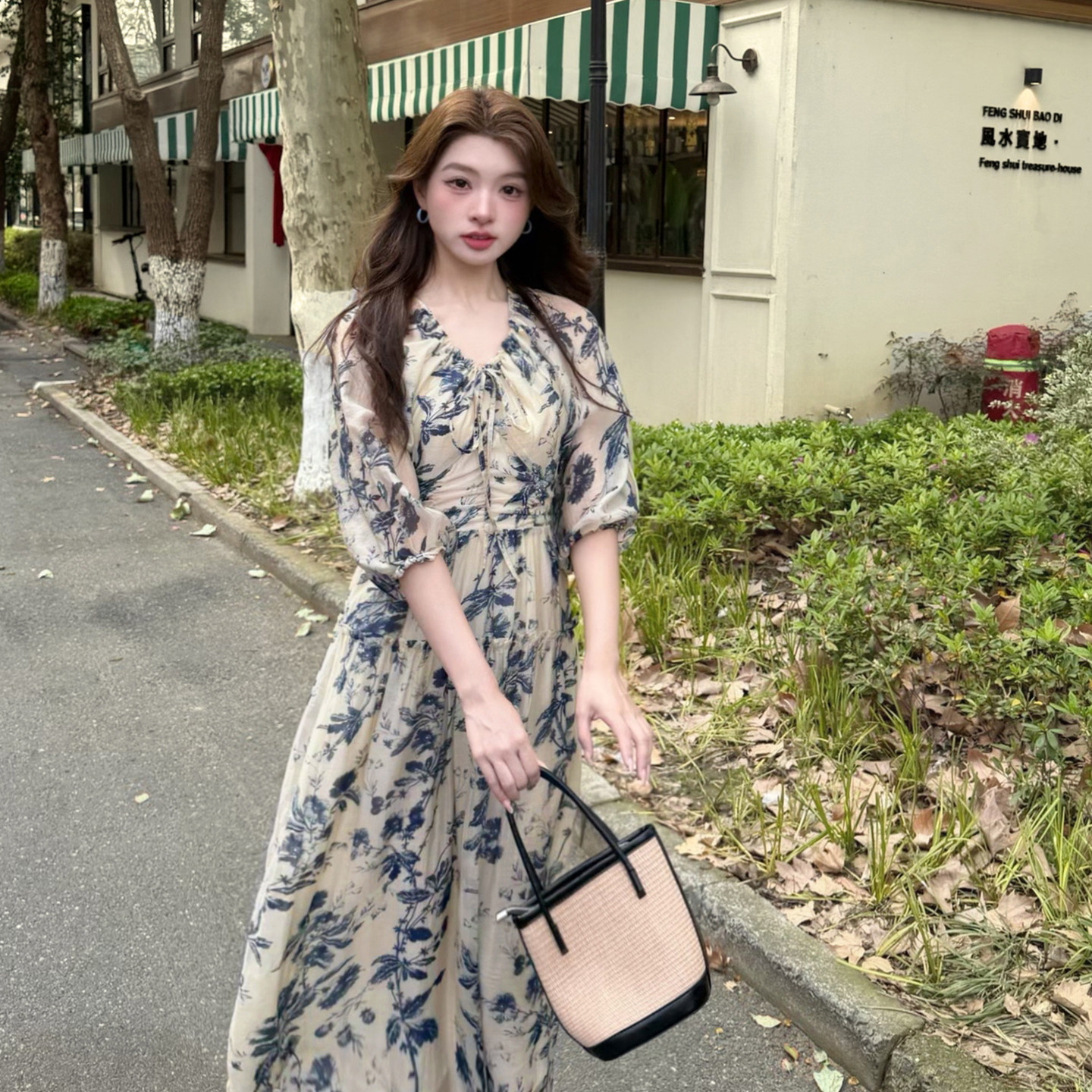 天丝莱赛尔连衣裙青花瓷印花裙子
