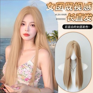 速发白金发假发长色全头套式 团rose浅色中分长直发假发套