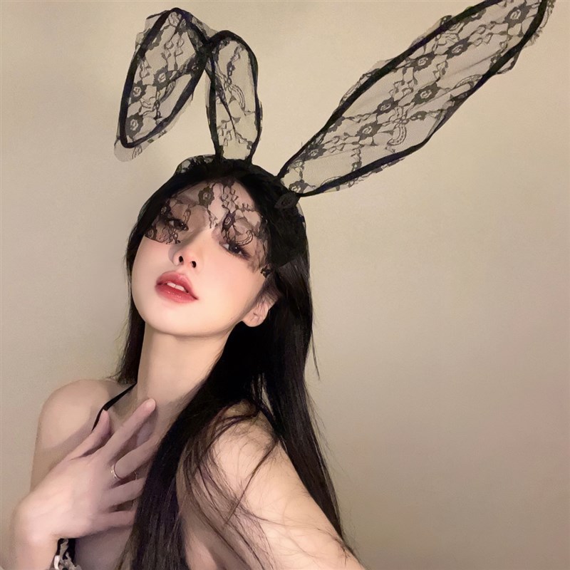 现货黑色蕾丝性感兔耳朵发箍女网红主播发卡发饰网纱头箍面罩头饰