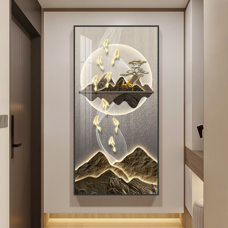 速发新中式玄关装挂画轻奢入户走廊过道饰画九鱼图竖版正对门墙画