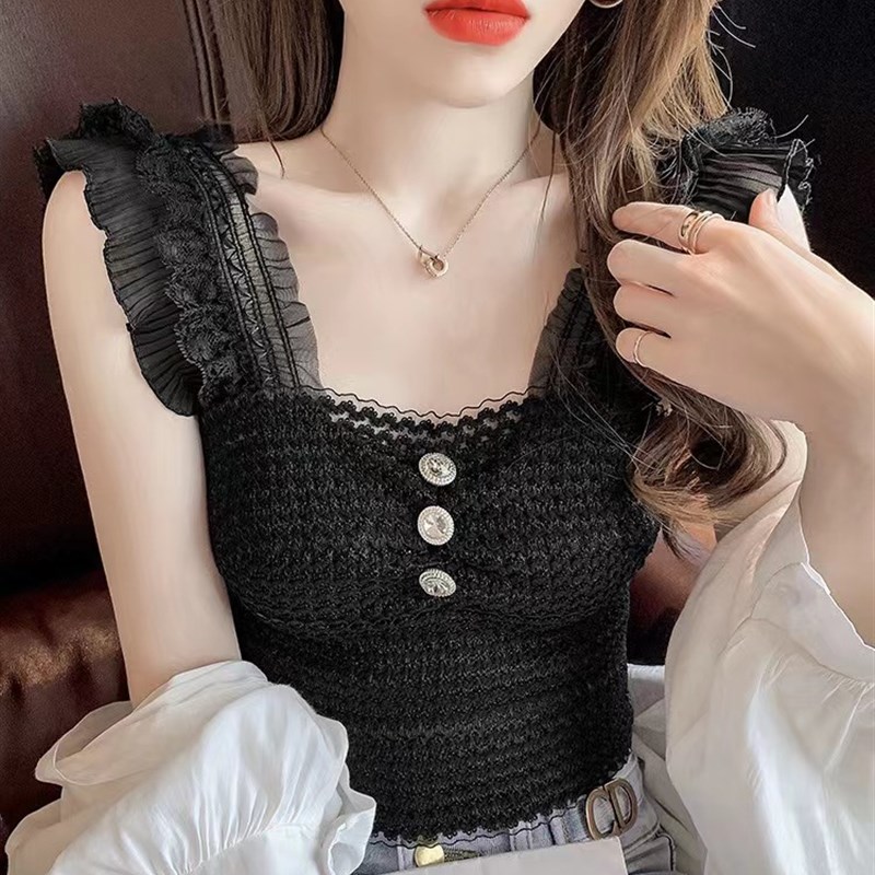 速发法式蕾丝宽肩背心女针织性感木耳边小衫辣妹外穿百搭短款无袖