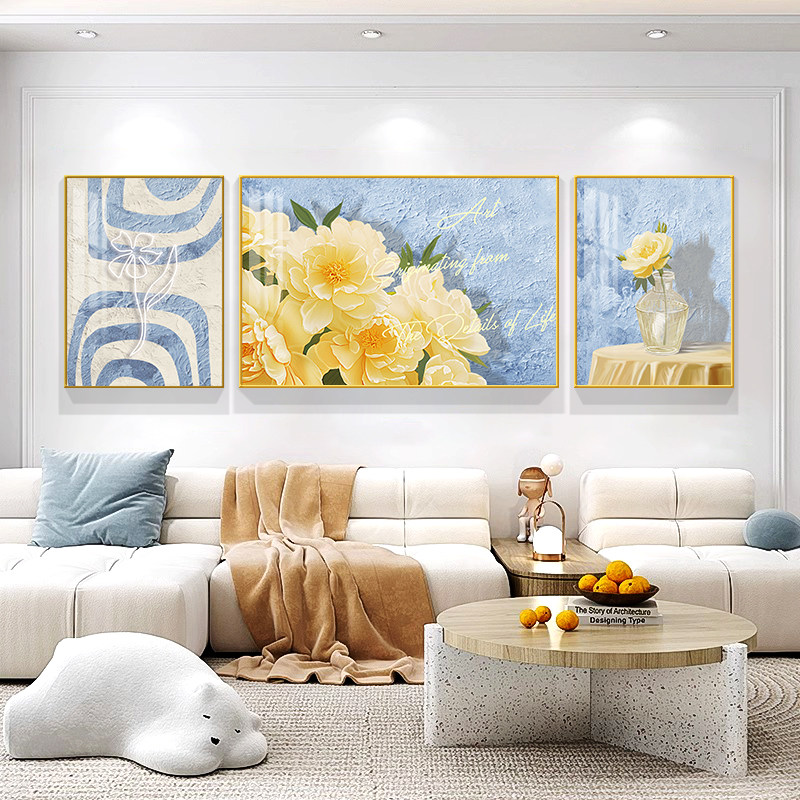 速发简约客厅装饰画沙发联景墙面壁背新款奶油风郁金香三画画挂画