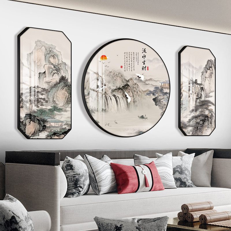 速发山水画客厅挂三新中式沙发办景墙装饰画画联画茶室背公室风景