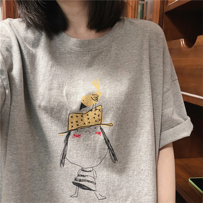 速发复古ch港味纯棉s肩t恤潮春夏over正ize设计感宽松上衣