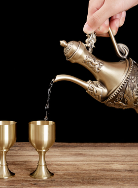 速发黄怀老式敬酒铜酒壶酒杯壶装家用供奉财神黄酒套铜旧黄铜摆件