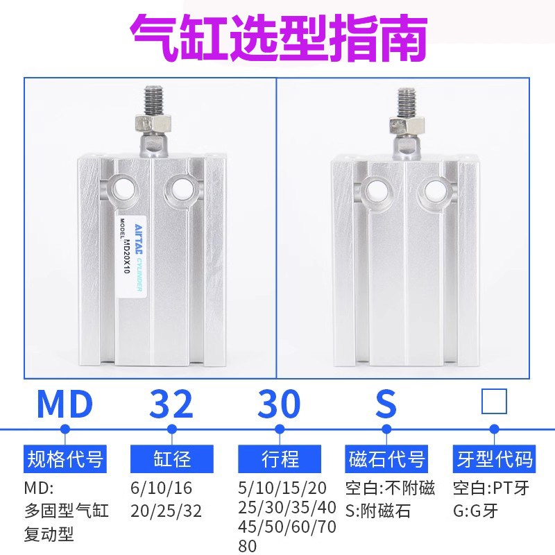 速发多位置固定气缸MD16X5X10X15X20X25X0X5X40SX50S带磁