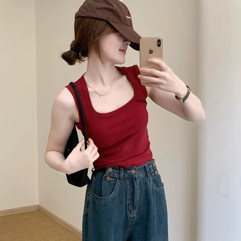 速发酒红色方副美带背心遮领乳无袖短款上衣夏季小个子运动吊背