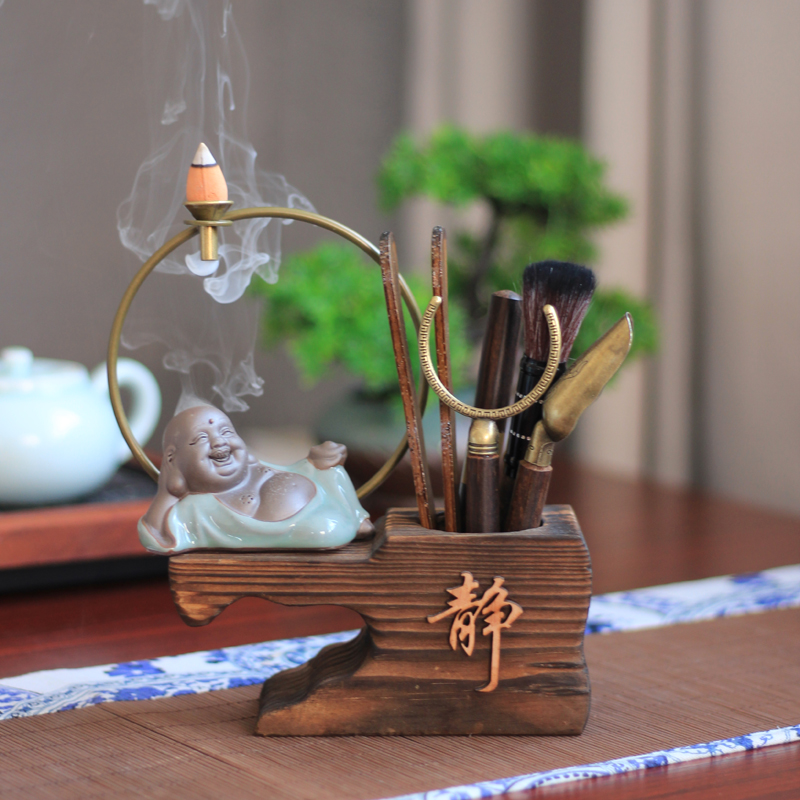 速发新中式几意办公室笔筒实瓷书桌面家居中式陶木茶道茶禅摆件六