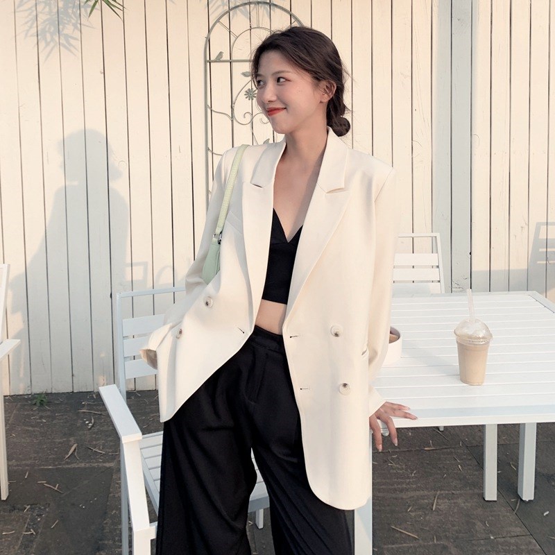 现货实2025年韩版气q质ol米白色宽松廓形双排扣短款小西装外套女