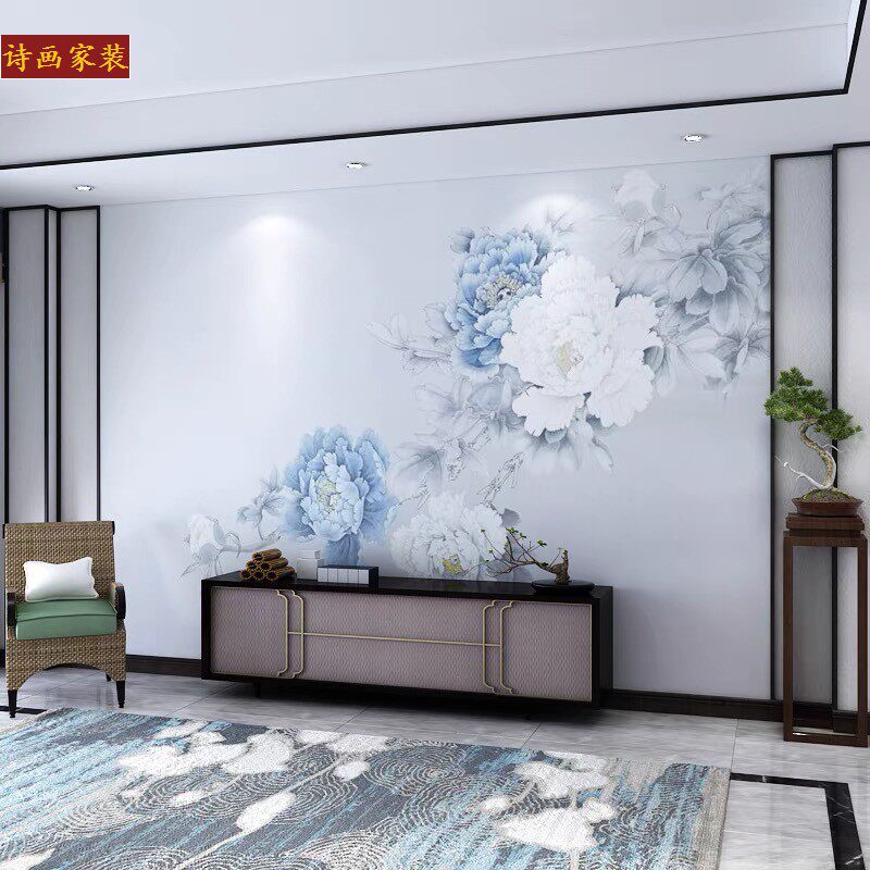 速发新中式花开富贵电视背景墙花鸟墙纸壁画客厅卧室壁布牡丹墙布