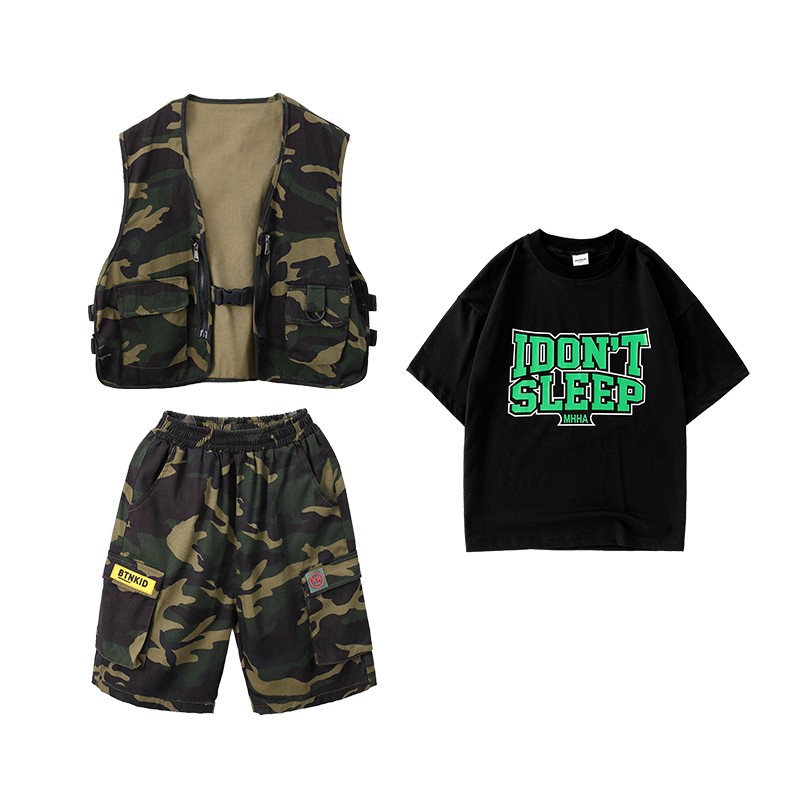 速发幼儿街舞服装迷彩套装男孩嘻哈舞蹈潮服hiphop表演服炸街潮装