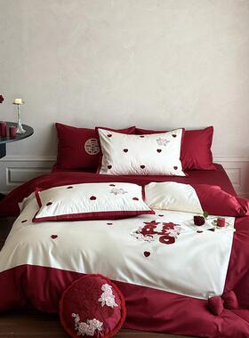 LZQ婚快乐！玫新小花婚庆四件套全棉清新爱心喜瑰字红色结婚被套
