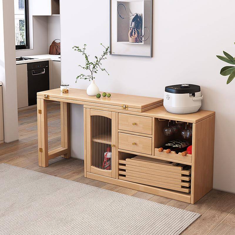 木可缩折桌实餐边柜一体小户型多功能可伸叠旋转IXK原木风长方形