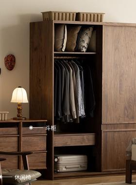 北美黑胡门木衣柜木家用卧室实柜子衣橱带桃XYN玻璃门推拉组合衣