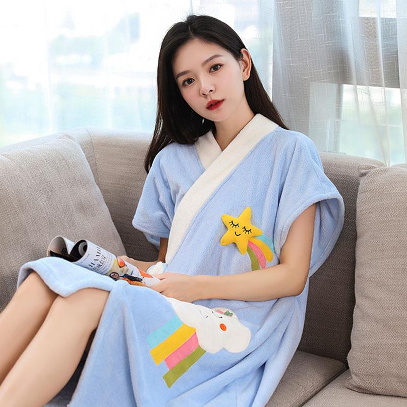 2025新款浴短袖斜门襟可袍穿式可裹巾速干珊DEH瑚绒能穿的可女爱