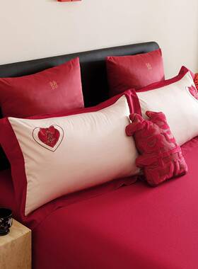 鲤报喜00S长绒锦棉全棉囍YNK20251结婚四件套纯棉红色蝴蝶结被套1