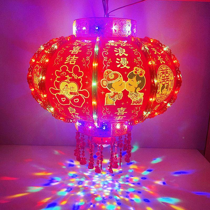 结婚灯笼新款ed流水灯旋转庆福字喜字款婚l转大NVA红七彩旋走马灯