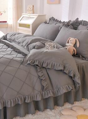 春夏约工艺纯色床UTY舍床裙四件套荷叶花边简被套亲肤宿单人三单