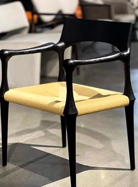 实木藤编椅休闲27719椅子中古民宿家靠用餐背室内麻绳风藤椅天然