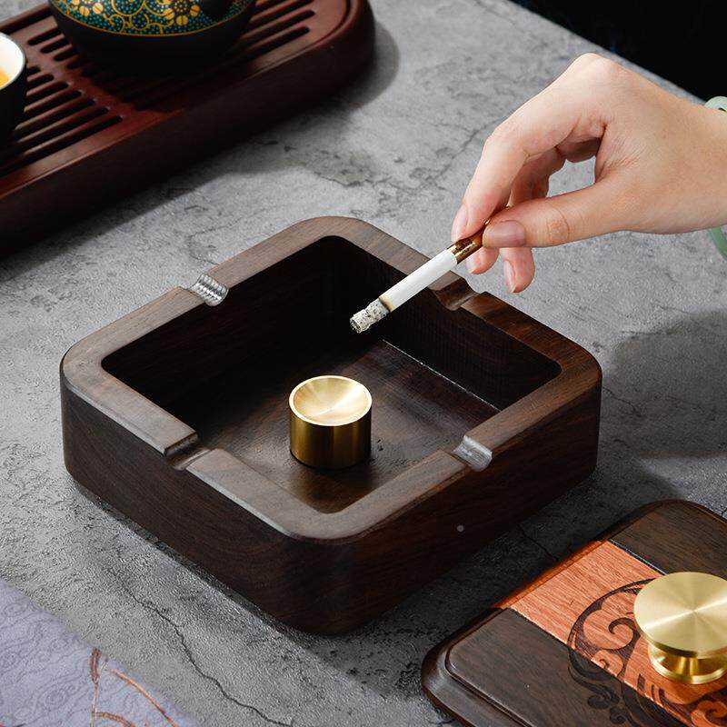 LHU高烟黑檀木带烟灰缸带盖复古实木云海盖缸中式档古典烟碟