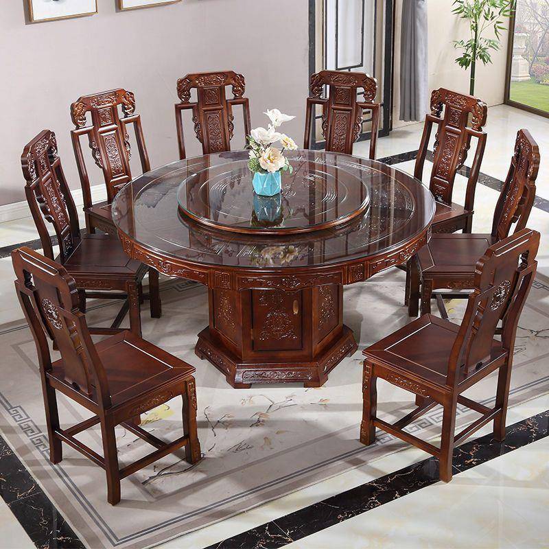 全实木桌餐椅组合转中式餐桌带盘明清古典仿TYT古雕酒店吃饭大花