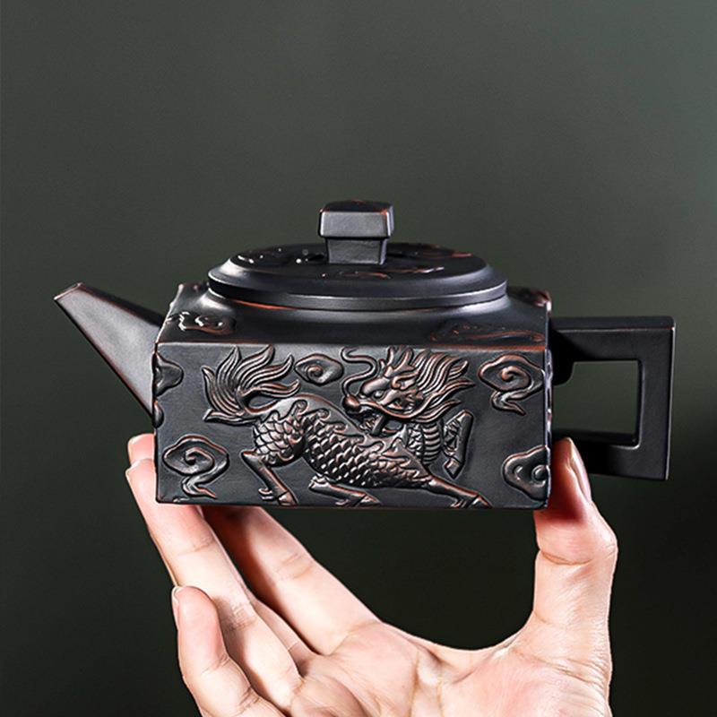 无品牌/紫满陶雕手麒麟汉瓦壶名家全工四容方器旋转凤鸣茶壶家用